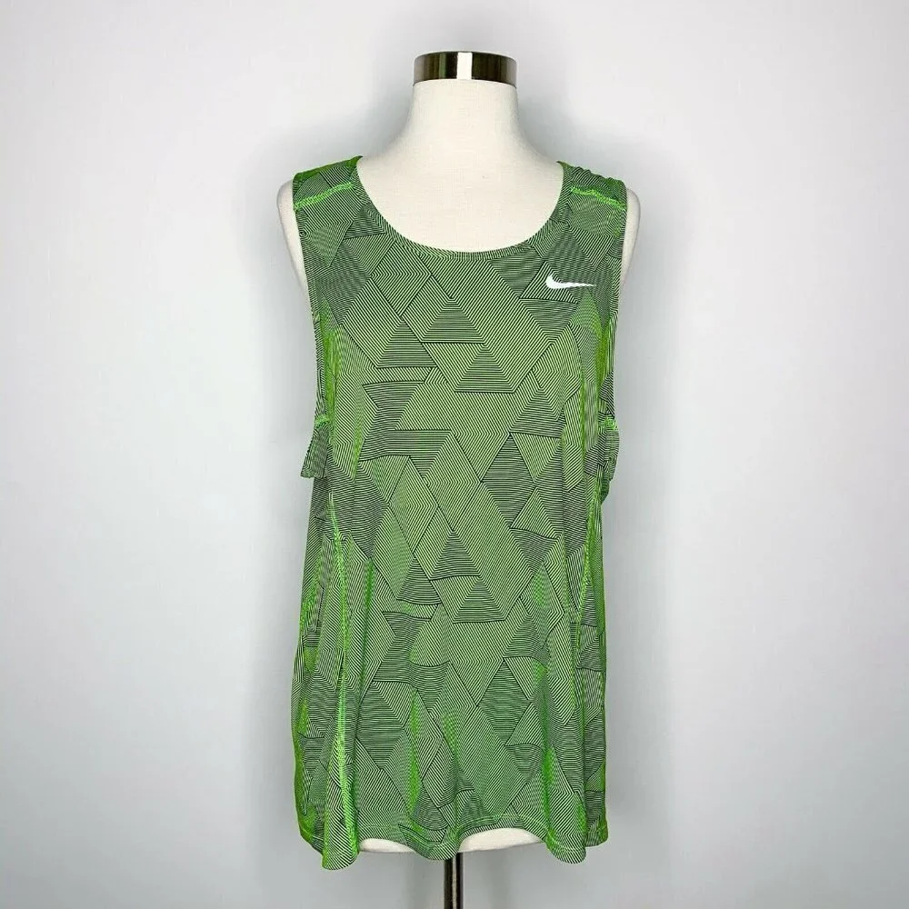Nike‎ Dri-Fit Tank Women L Neon Green Black Geometric Triangle Scoop Neck Active